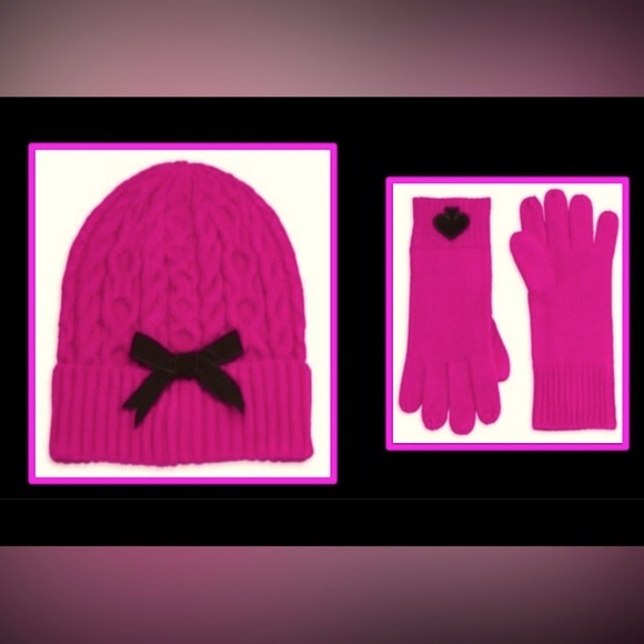 kate spade Accessories - Kate Spade New York Knit Beanie Hat & Glove Set Hot Pink / Black  NWT
